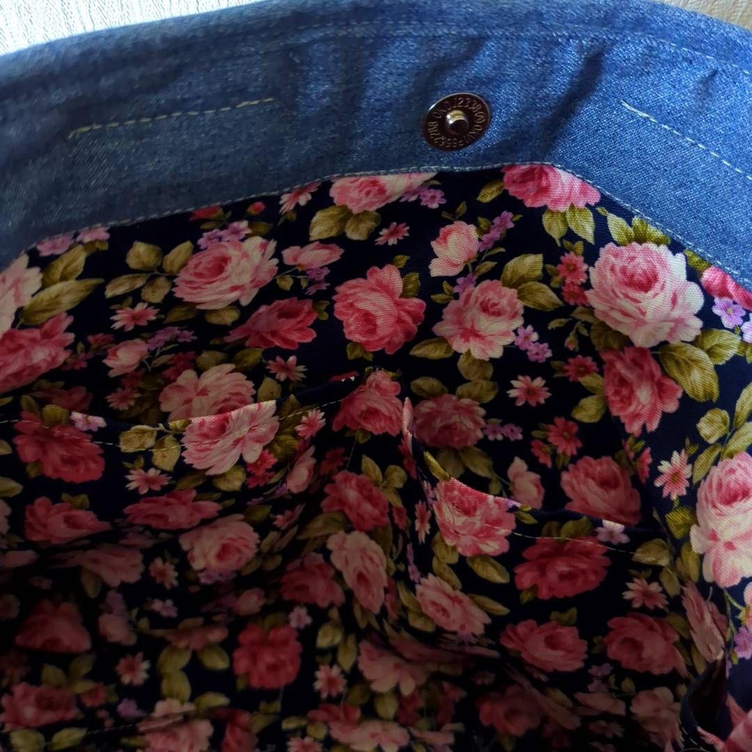 ハンドメイド　リメイク　バッグ　デニム　縫い合わせデザイン　トート　ポーチ付