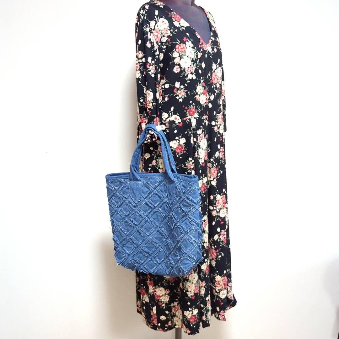 ハンドメイド　リメイク　バッグ　デニム　縫い合わせデザイン　トート　ポーチ付