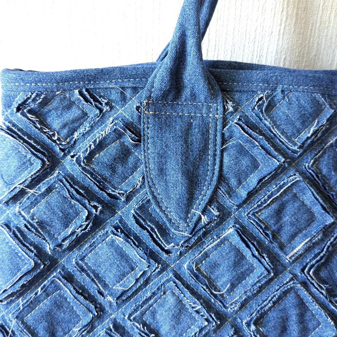 ハンドメイド　リメイク　バッグ　デニム　縫い合わせデザイン　トート　ポーチ付