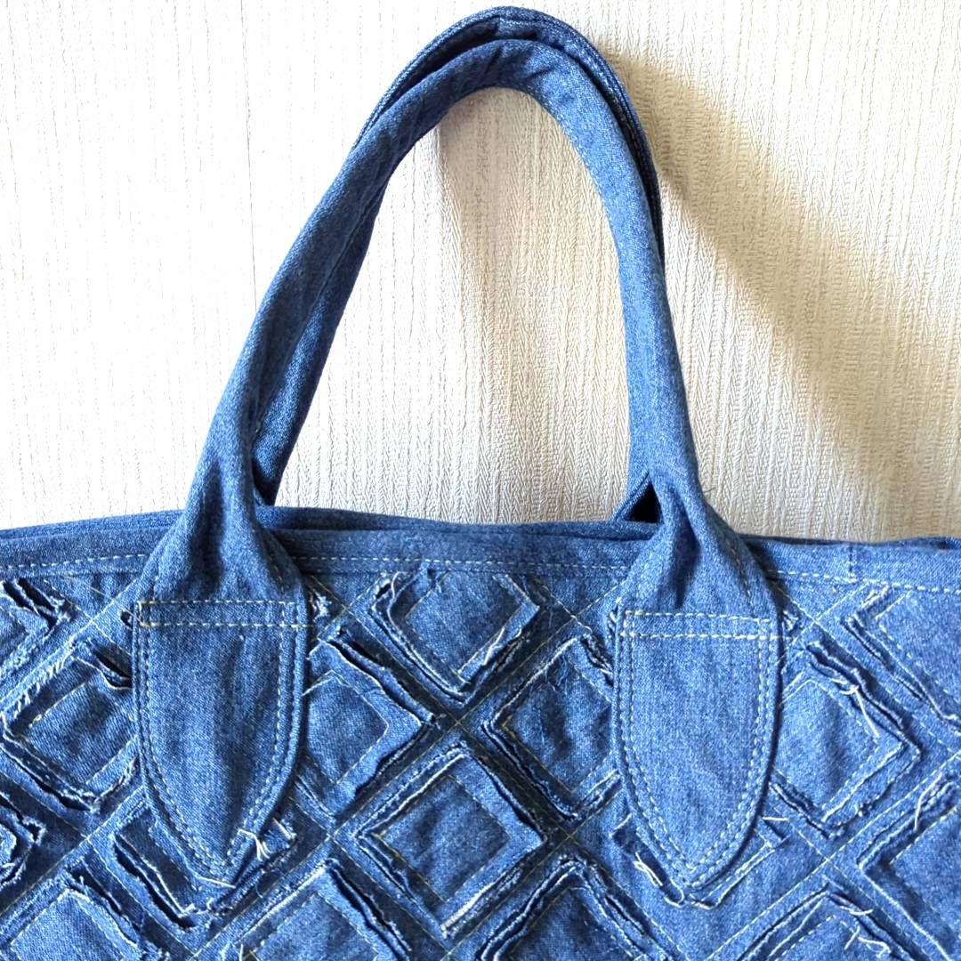 ハンドメイド　リメイク　バッグ　デニム　縫い合わせデザイン　トート　ポーチ付