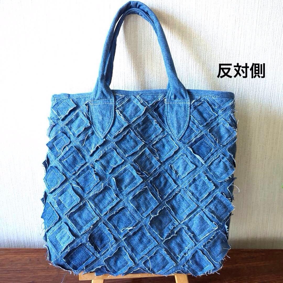 ハンドメイド　リメイク　バッグ　デニム　縫い合わせデザイン　トート　ポーチ付