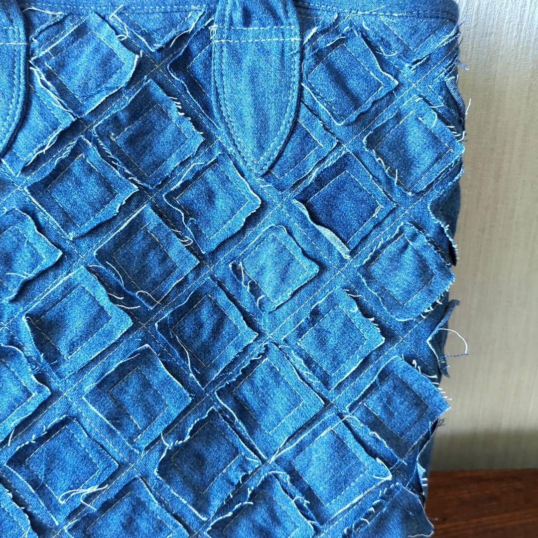 ハンドメイド　リメイク　バッグ　デニム　縫い合わせデザイン　トート　ポーチ付