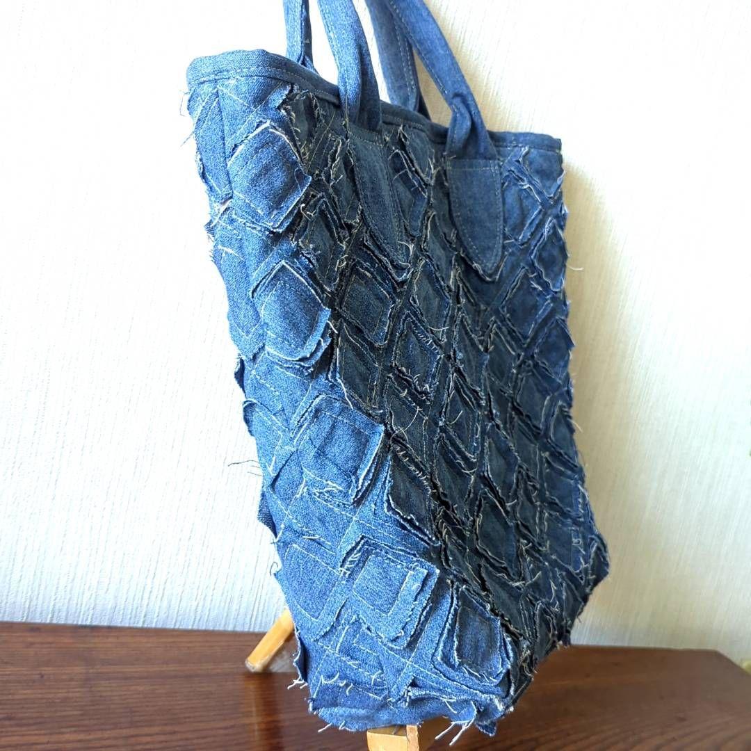 ハンドメイド　リメイク　バッグ　デニム　縫い合わせデザイン　トート　ポーチ付