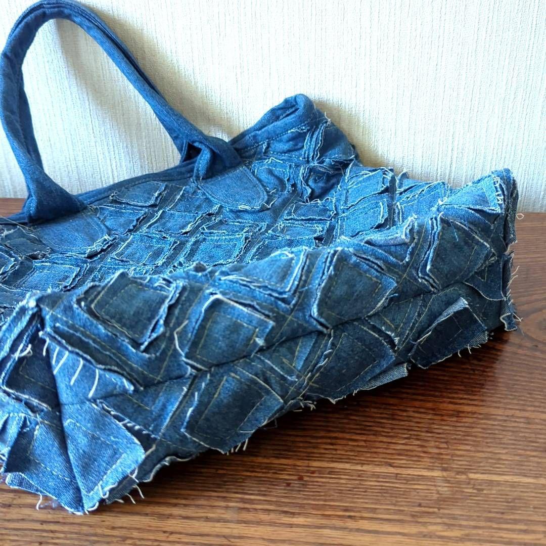ハンドメイド　リメイク　バッグ　デニム　縫い合わせデザイン　トート　ポーチ付