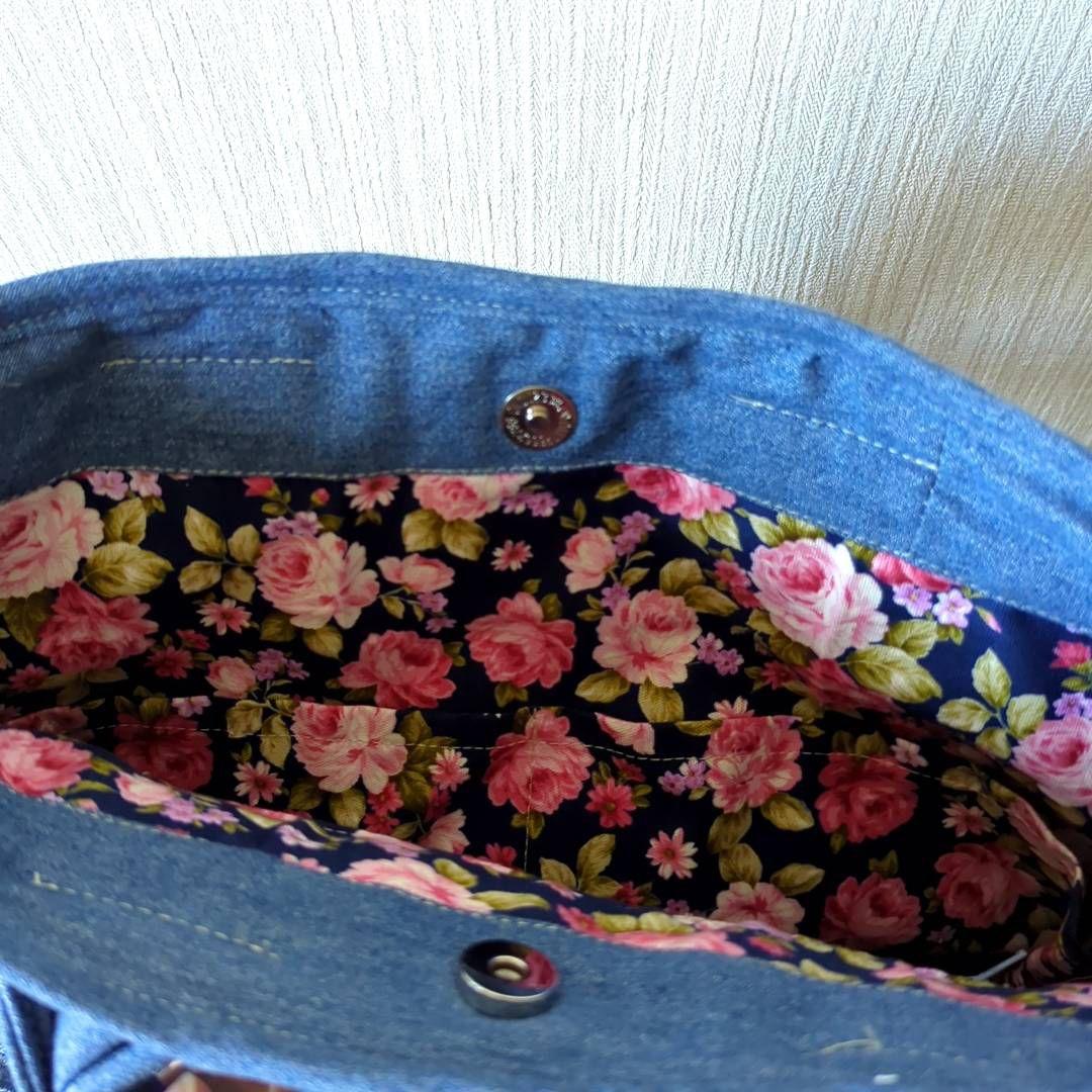 ハンドメイド　リメイク　バッグ　デニム　縫い合わせデザイン　トート　ポーチ付