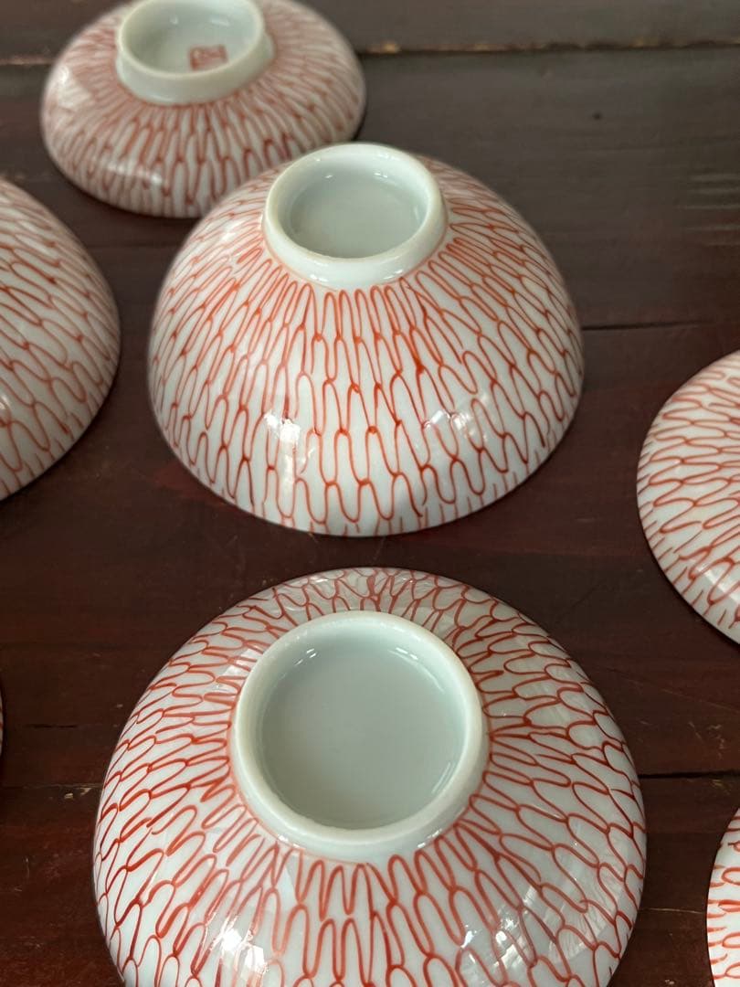珍品　江戸後期古伊万里　網目文様　赤絵　小降り蓋付茶碗　四客　九谷