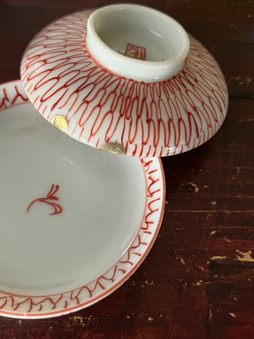 珍品　江戸後期古伊万里　網目文様　赤絵　小降り蓋付茶碗　四客　九谷