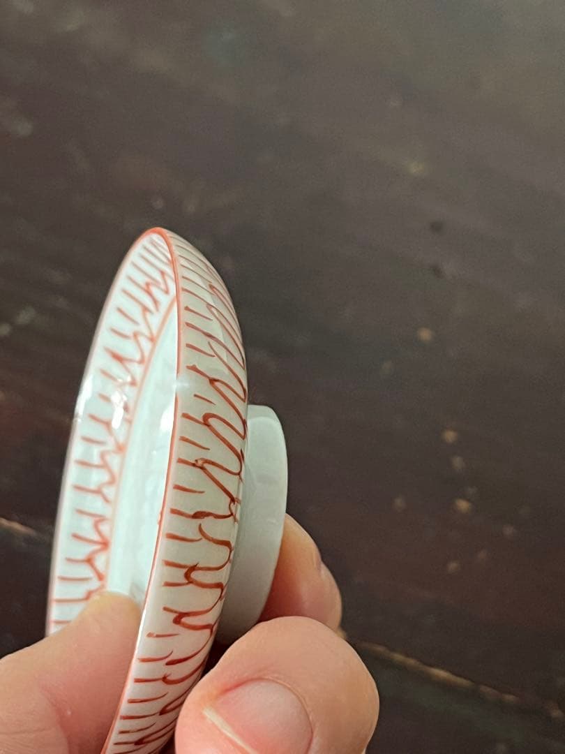 珍品　江戸後期古伊万里　網目文様　赤絵　小降り蓋付茶碗　四客　九谷