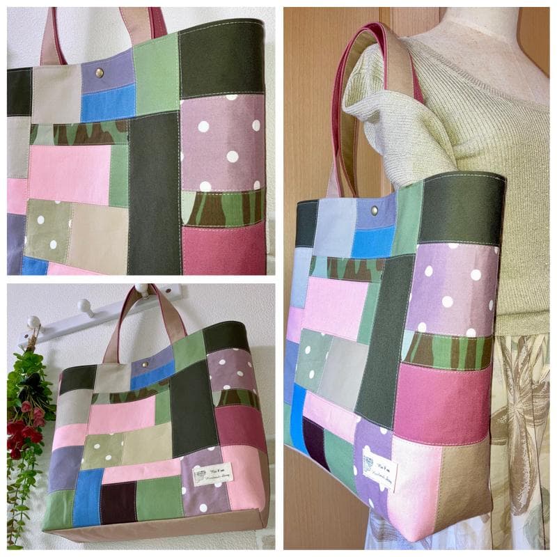 新作！トートバッグ☆ランダムパッチワーク☆帆布