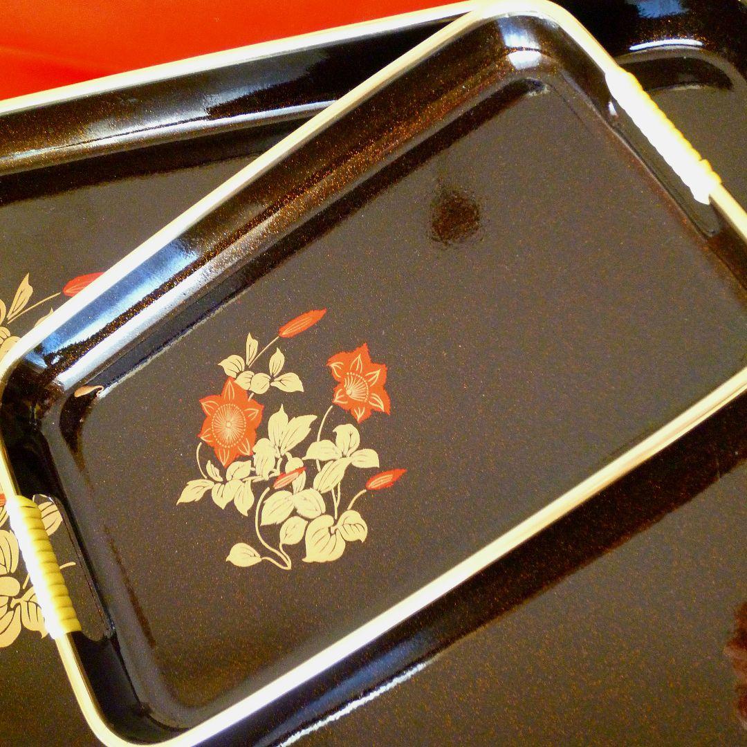 金蒔絵　嵯峨野　長角盆　大小2点　朱赤金彩ききょう模様　木製 漆器 和盆