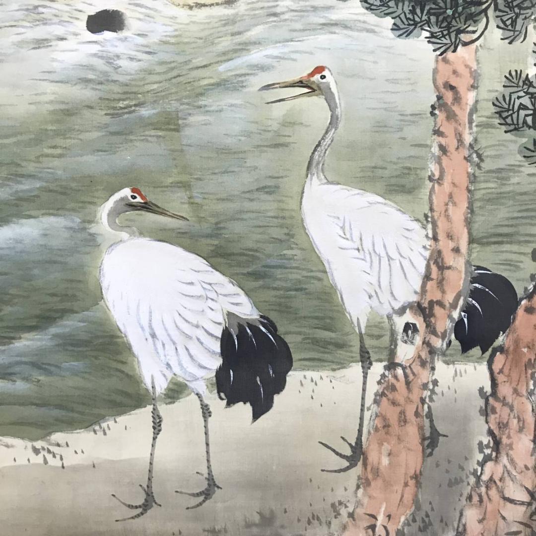 【真作】青雲/双鶴山水図/山水図/鶴図/掛軸☆宝船☆AD-600