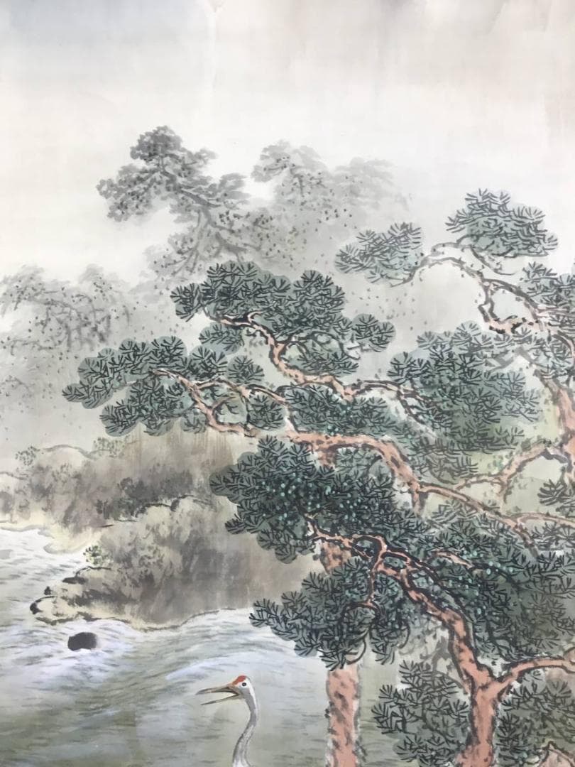 【真作】青雲/双鶴山水図/山水図/鶴図/掛軸☆宝船☆AD-600