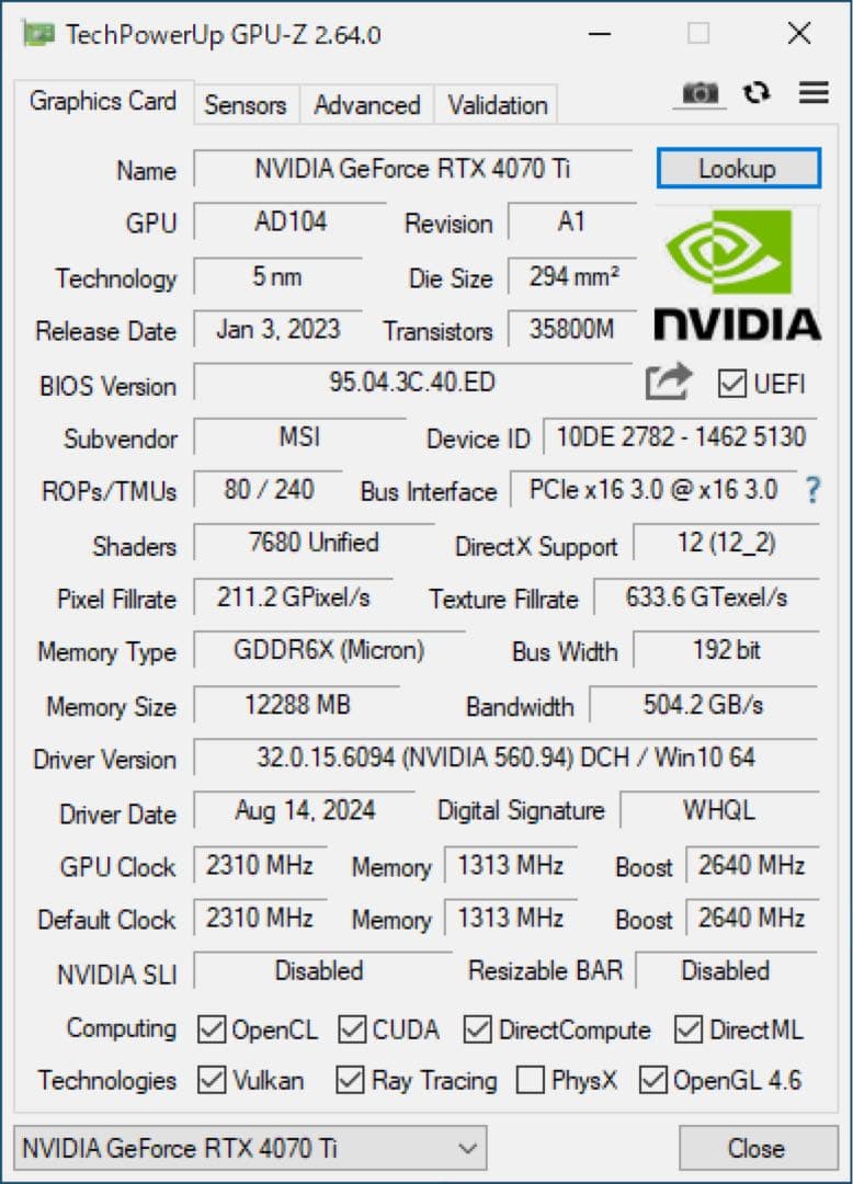 グラフィックボード・グラボ・ビデオカード MSI GeForce RTX4070Ti VENTUS 3X 12G OC