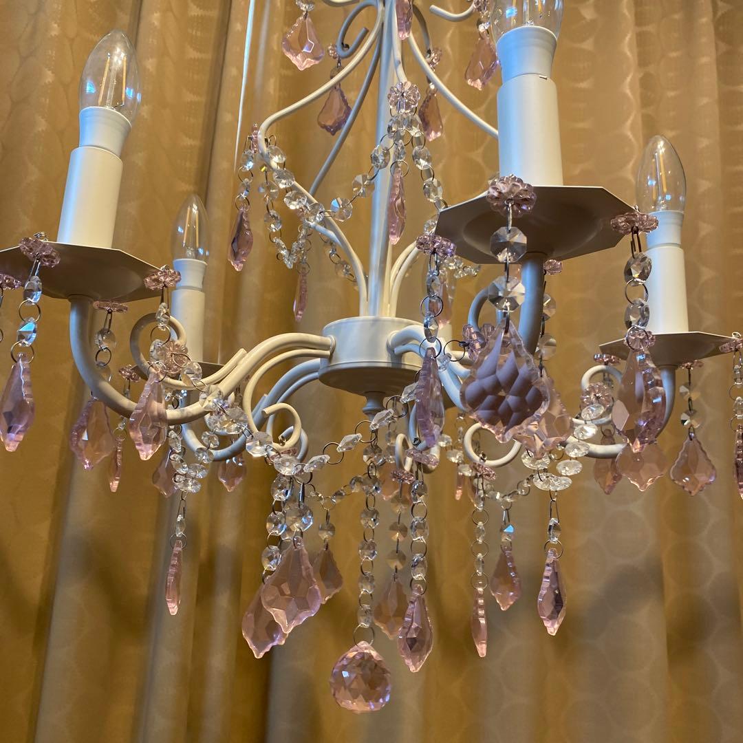 ホワイト ピンク シャンデリア 5灯　シーリングライト　LED