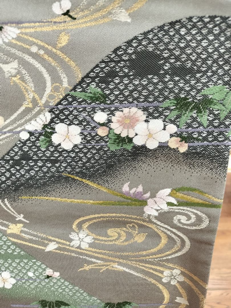 未使用 和装帯　波模様 花刺繍