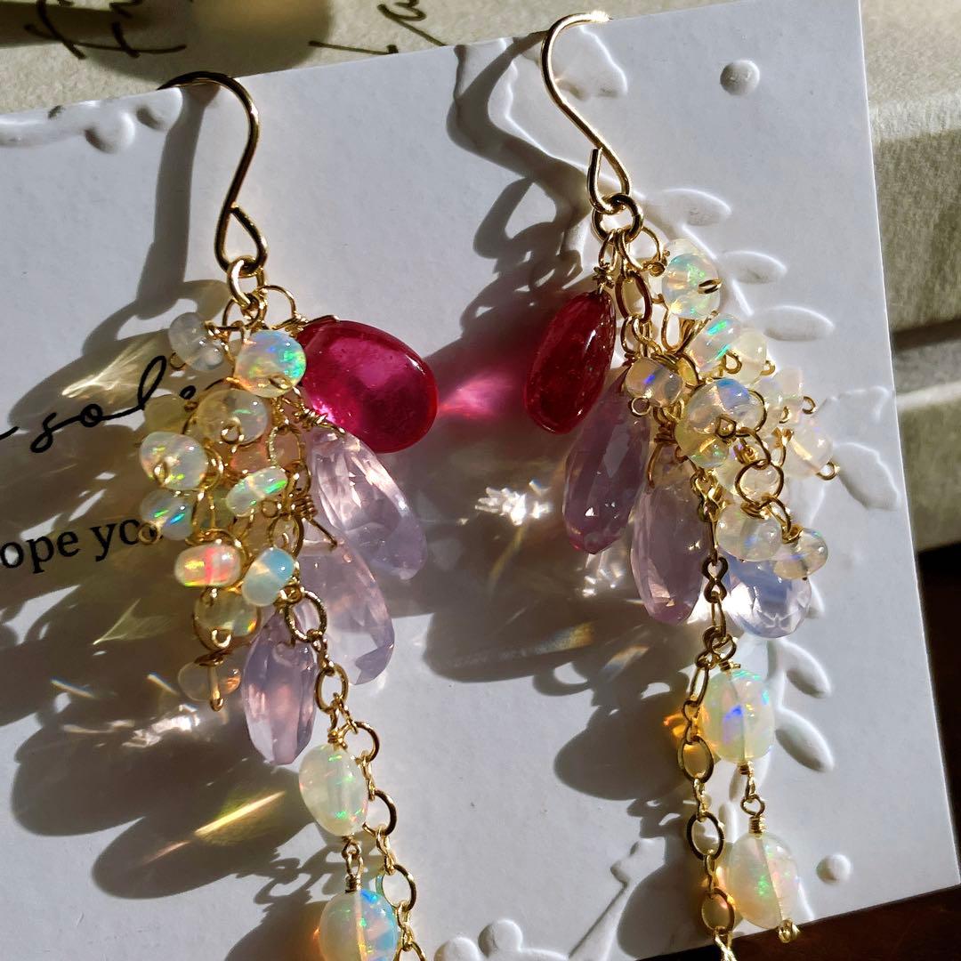 coconut◆高品質✧ルビー×スコロライト×オパールピアス✧14kgf