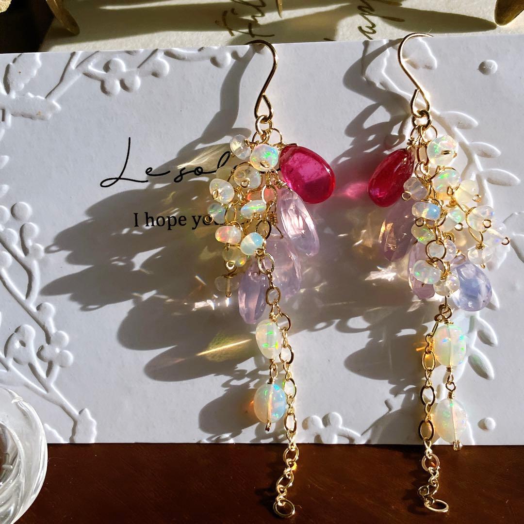 coconut◆高品質✧ルビー×スコロライト×オパールピアス✧14kgf