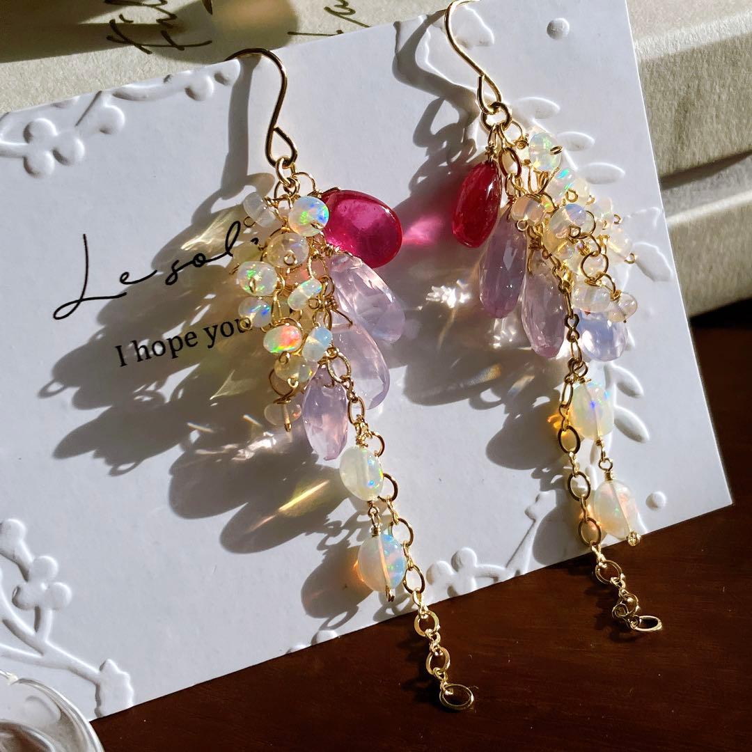 coconut◆高品質✧ルビー×スコロライト×オパールピアス✧14kgf