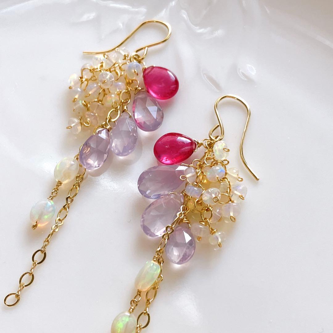 coconut◆高品質✧ルビー×スコロライト×オパールピアス✧14kgf