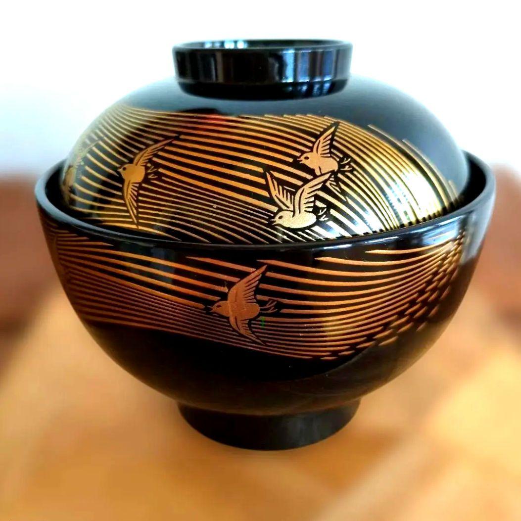 新品　本漆　金蒔絵　蓋付き汁椀　5客セット　波千鳥　漆　工芸