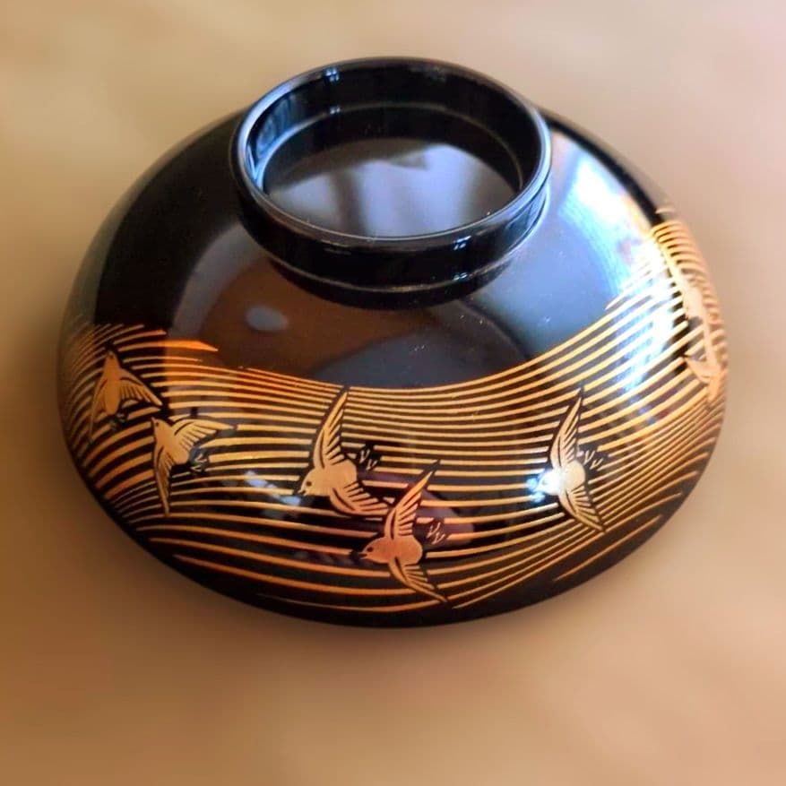 新品　本漆　金蒔絵　蓋付き汁椀　5客セット　波千鳥　漆　工芸