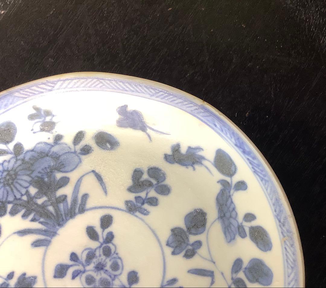 アンティーク・景徳鎮窯・古染付花鳥文・豆小皿•鑑賞スタンド付２点セット