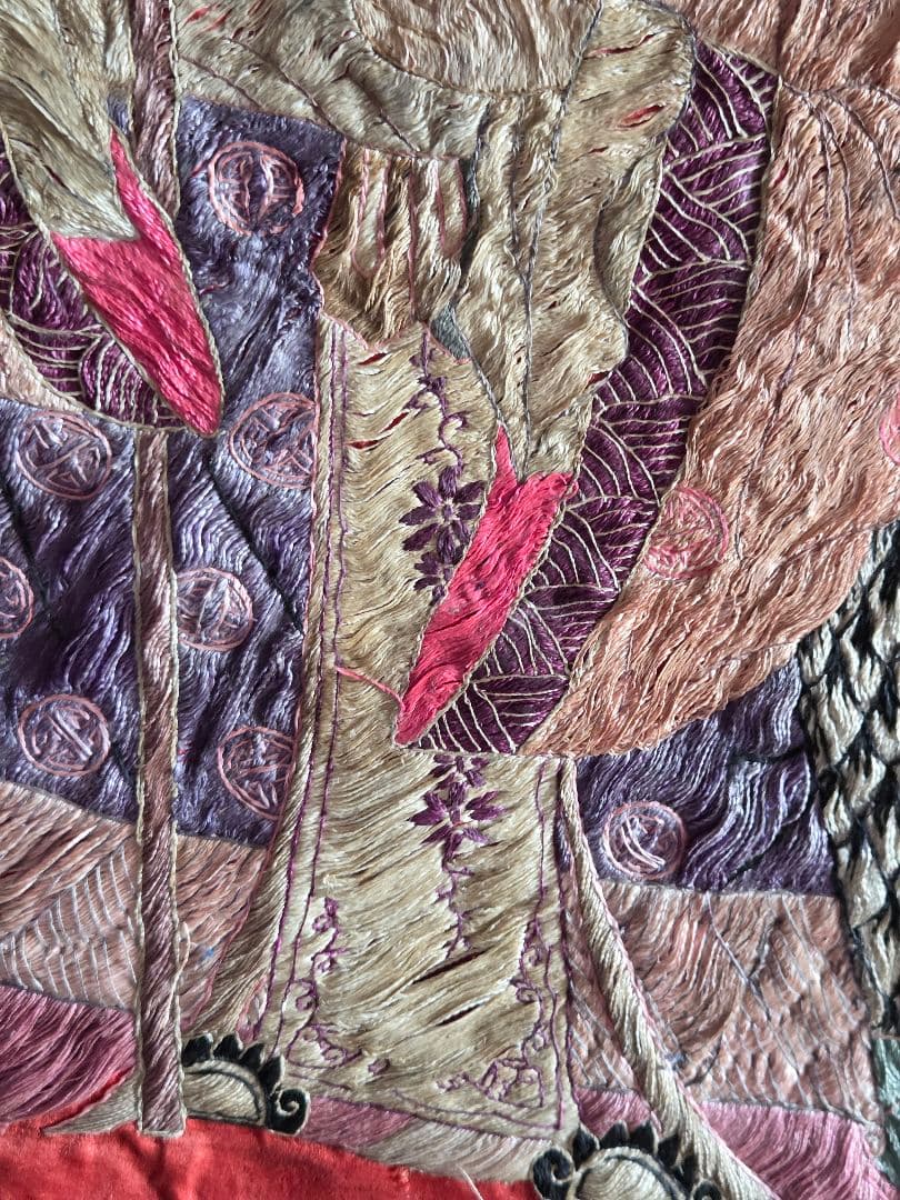 中国アンティーク　シルク(？)　刺繍 寿老（寿星）(？)　西王母(？)　壁掛け