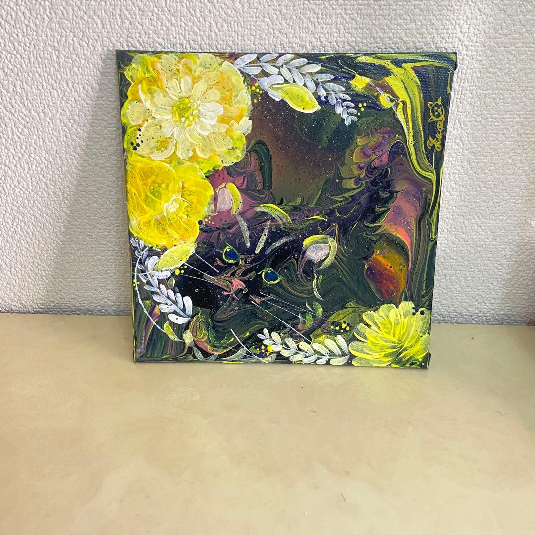 キャンバスアクリル画⭐︎月の猫⭐︎フルイドアート　ポーリングアート　猫の絵