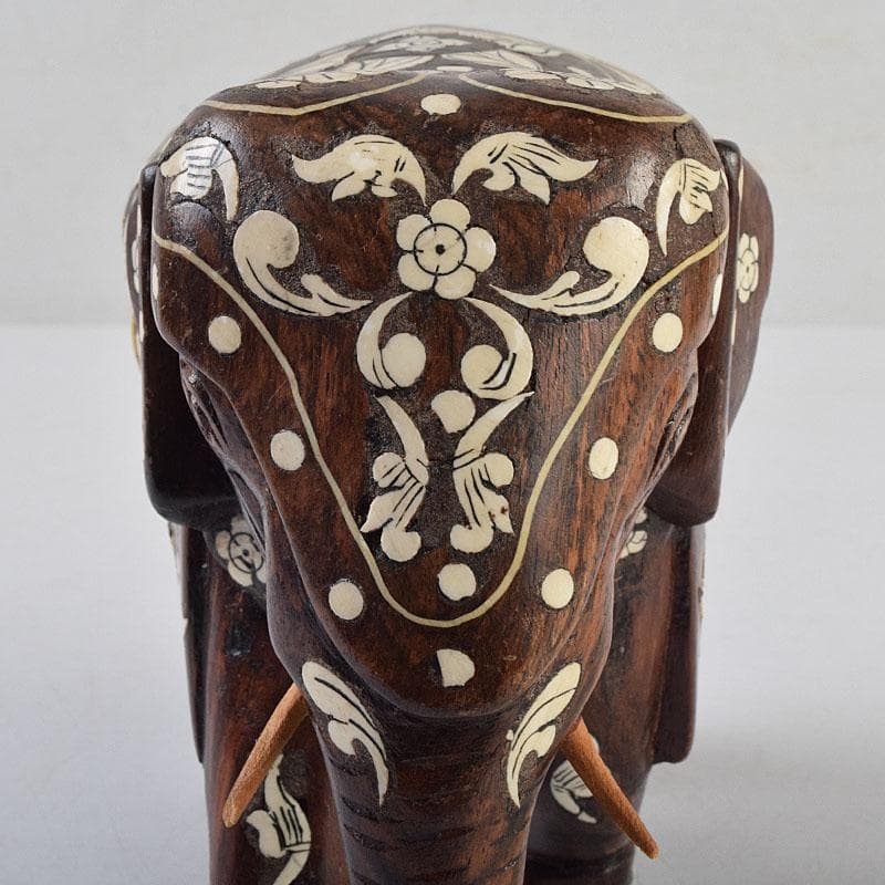 中国　唐木紫壇製　獣骨象嵌装飾　インド象　置物　C　R9636