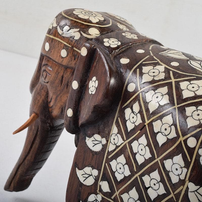 中国　唐木紫壇製　獣骨象嵌装飾　インド象　置物　C　R9636