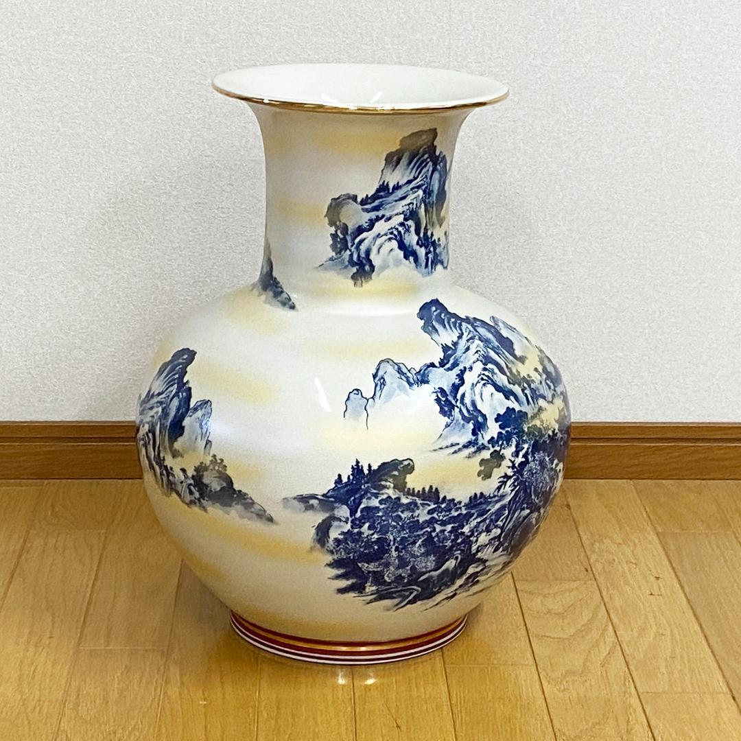 希少 九谷焼 陶勝作 大花瓶 山水風景図 金彩 大壺