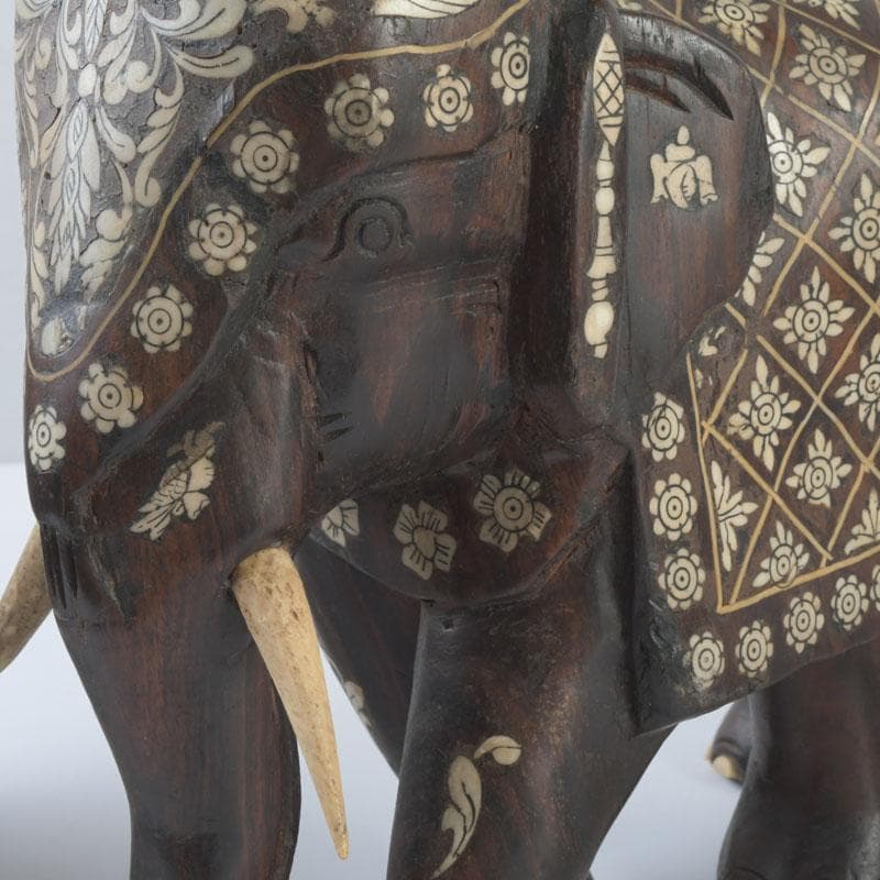 中国　唐木紫壇製　獣骨装飾など　インド象　3点まとめて　台付　V　9336A