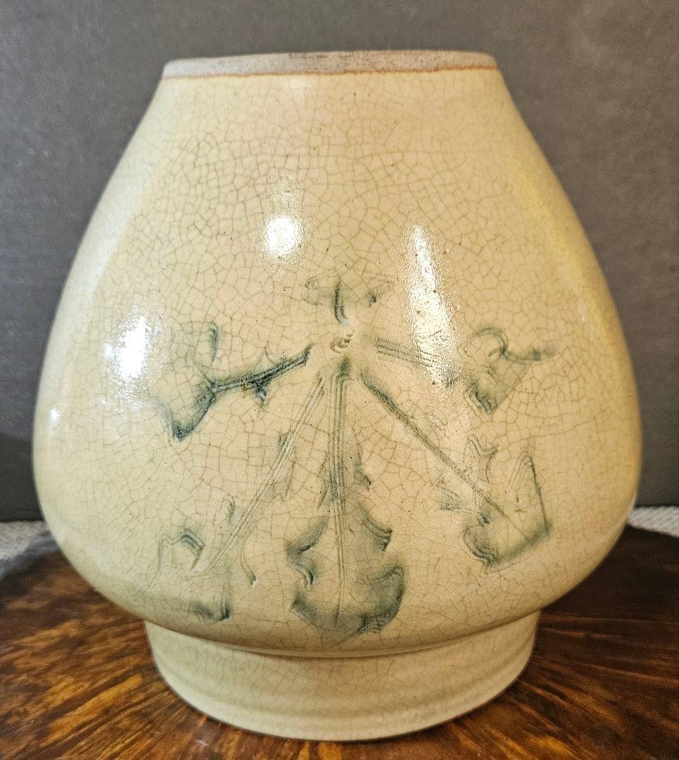 明治時代　御深井焼　蕪の葉の図　壺 花入れ　花生け　オブジェ　高さ19.1cm