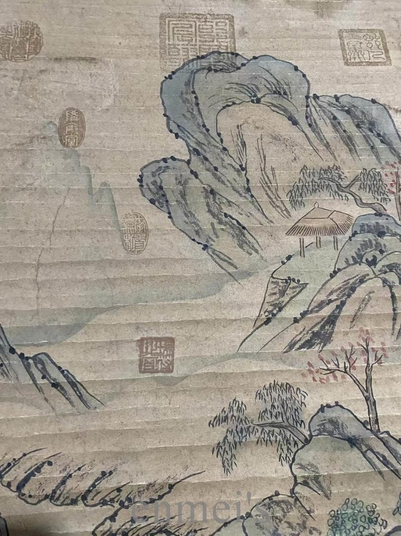 中国古美術『唐寅款 山水画』三尺中堂画 掛軸 表装済 宣紙 水墨画 旧蔵 模写