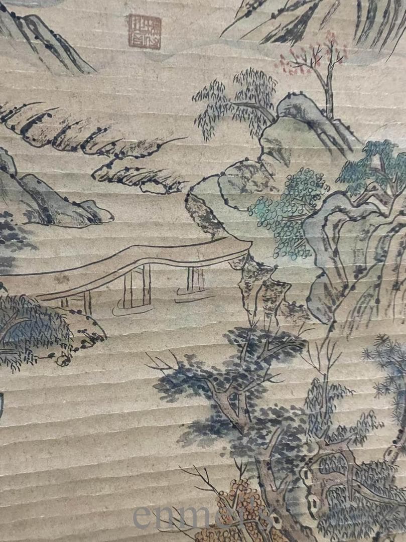 中国古美術『唐寅款 山水画』三尺中堂画 掛軸 表装済 宣紙 水墨画 旧蔵 模写