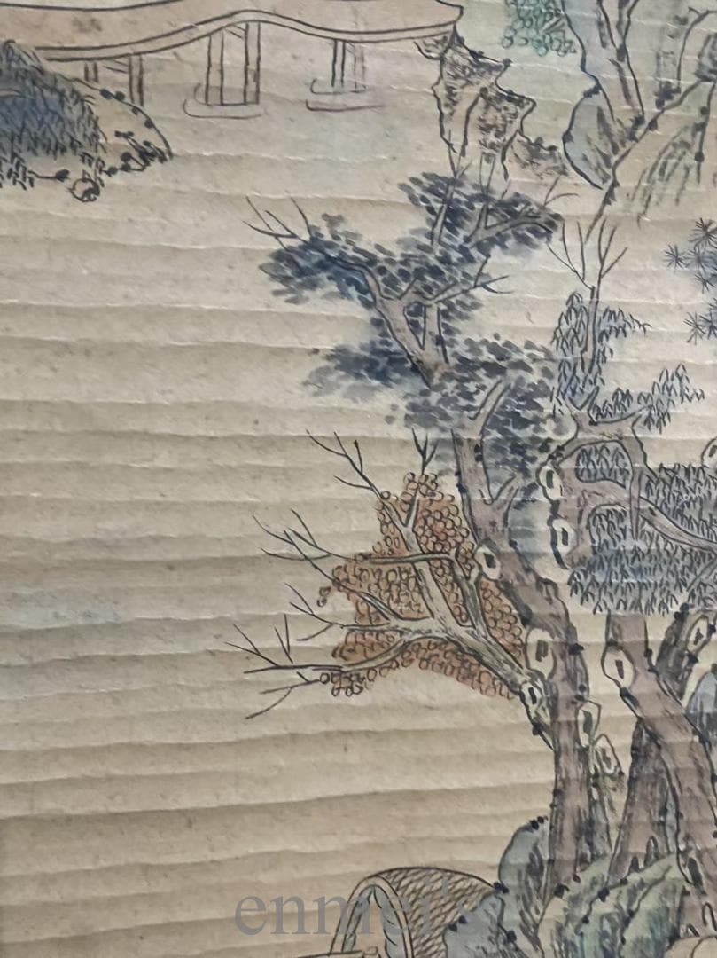 中国古美術『唐寅款 山水画』三尺中堂画 掛軸 表装済 宣紙 水墨画 旧蔵 模写