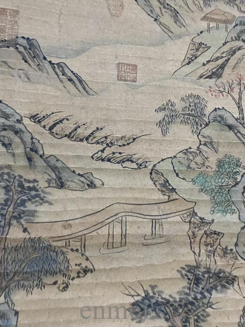 中国古美術『唐寅款 山水画』三尺中堂画 掛軸 表装済 宣紙 水墨画 旧蔵 模写