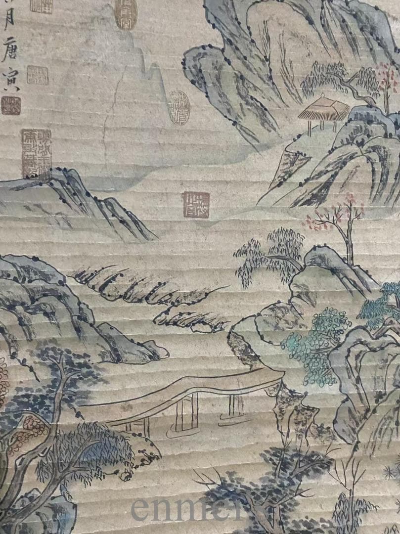 中国古美術『唐寅款 山水画』三尺中堂画 掛軸 表装済 宣紙 水墨画 旧蔵 模写