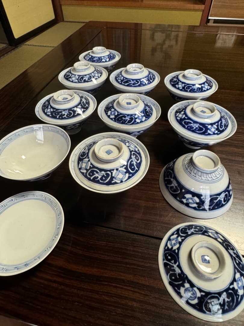 古伊万里 伊万里焼　染付総模様蓋付碗　10客　　江戸後期