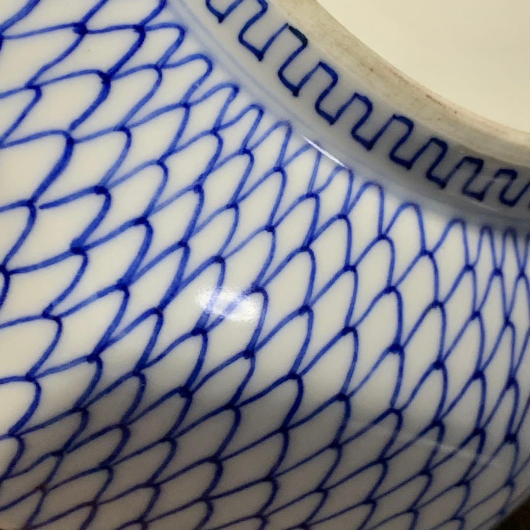 K631☆古伊万里 染付 手書き 網手 蓋もの 江戸後期