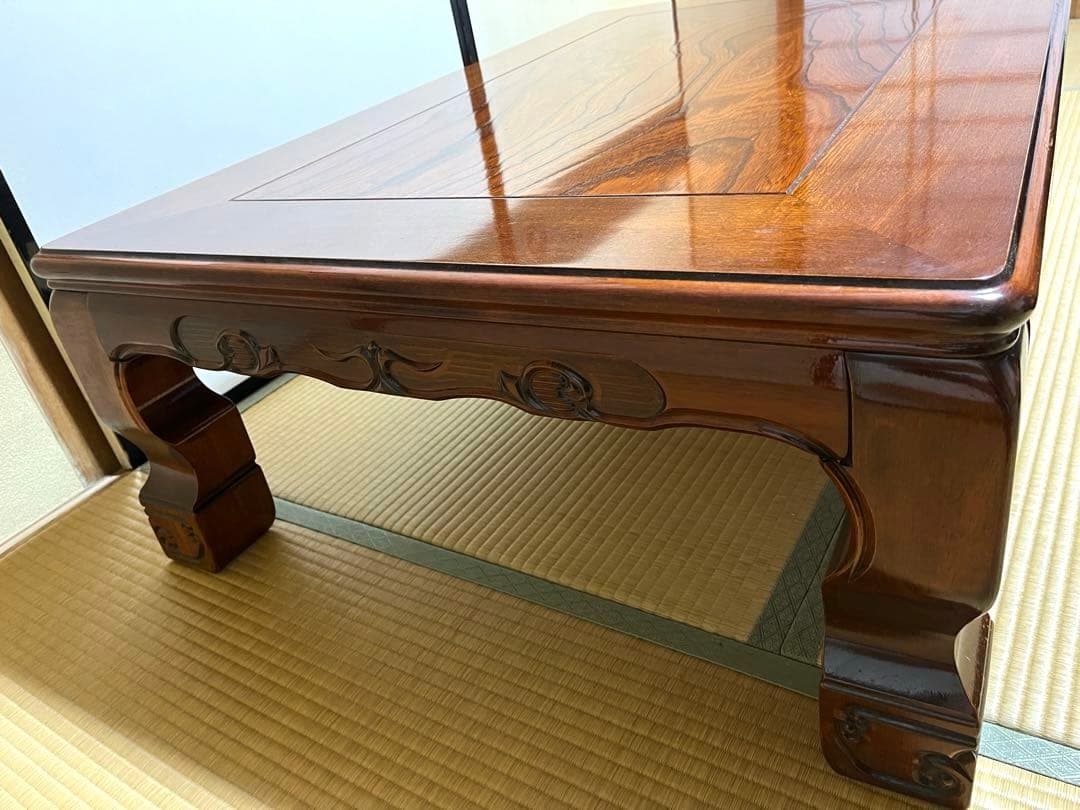 【最終価格 送料込み】高級座卓 和机 120cm 天然木 彫刻脚 欅（けやき）調
