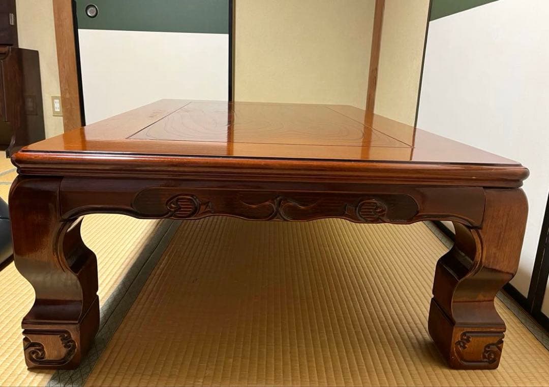【最終価格 送料込み】高級座卓 和机 120cm 天然木 彫刻脚 欅（けやき）調