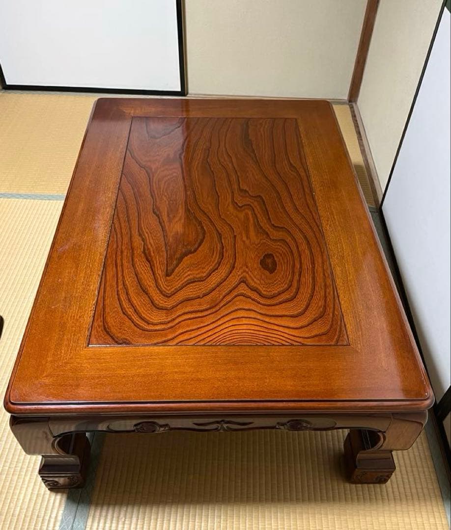 【最終価格 送料込み】高級座卓 和机 120cm 天然木 彫刻脚 欅（けやき）調
