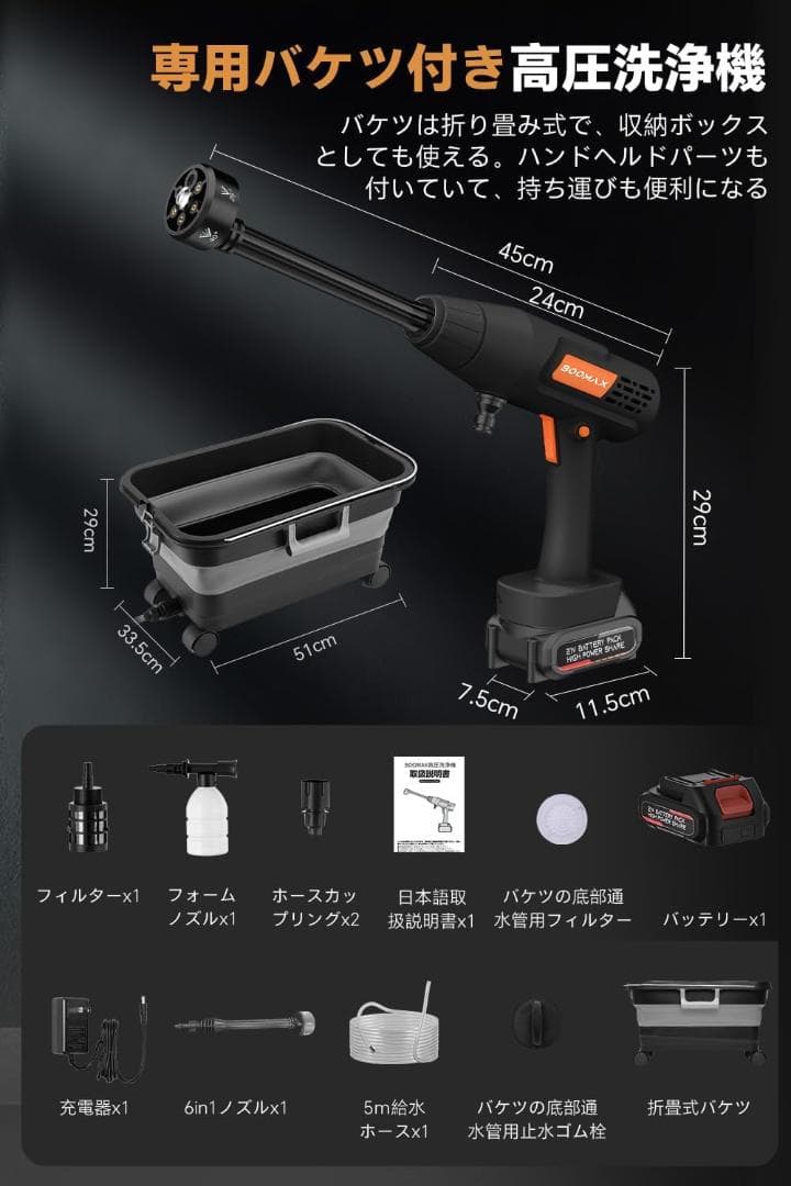 高圧洗浄機 22L折り畳みバケツ付き コードレス高圧洗浄機 充電式 10MPa