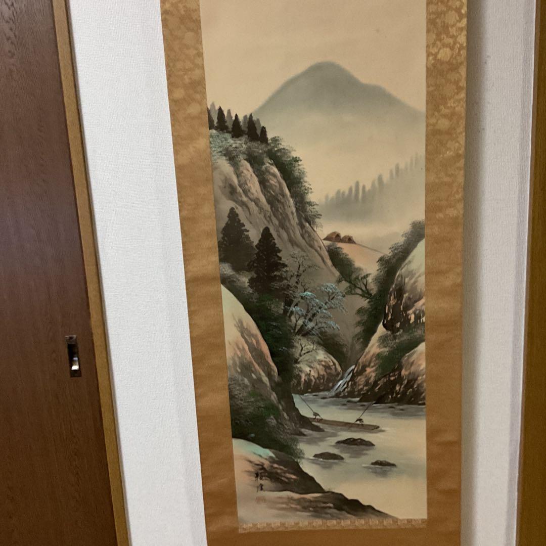 富田頼渓 絹本彩色画山水図 表具絹本共概ね良好 桐合箱