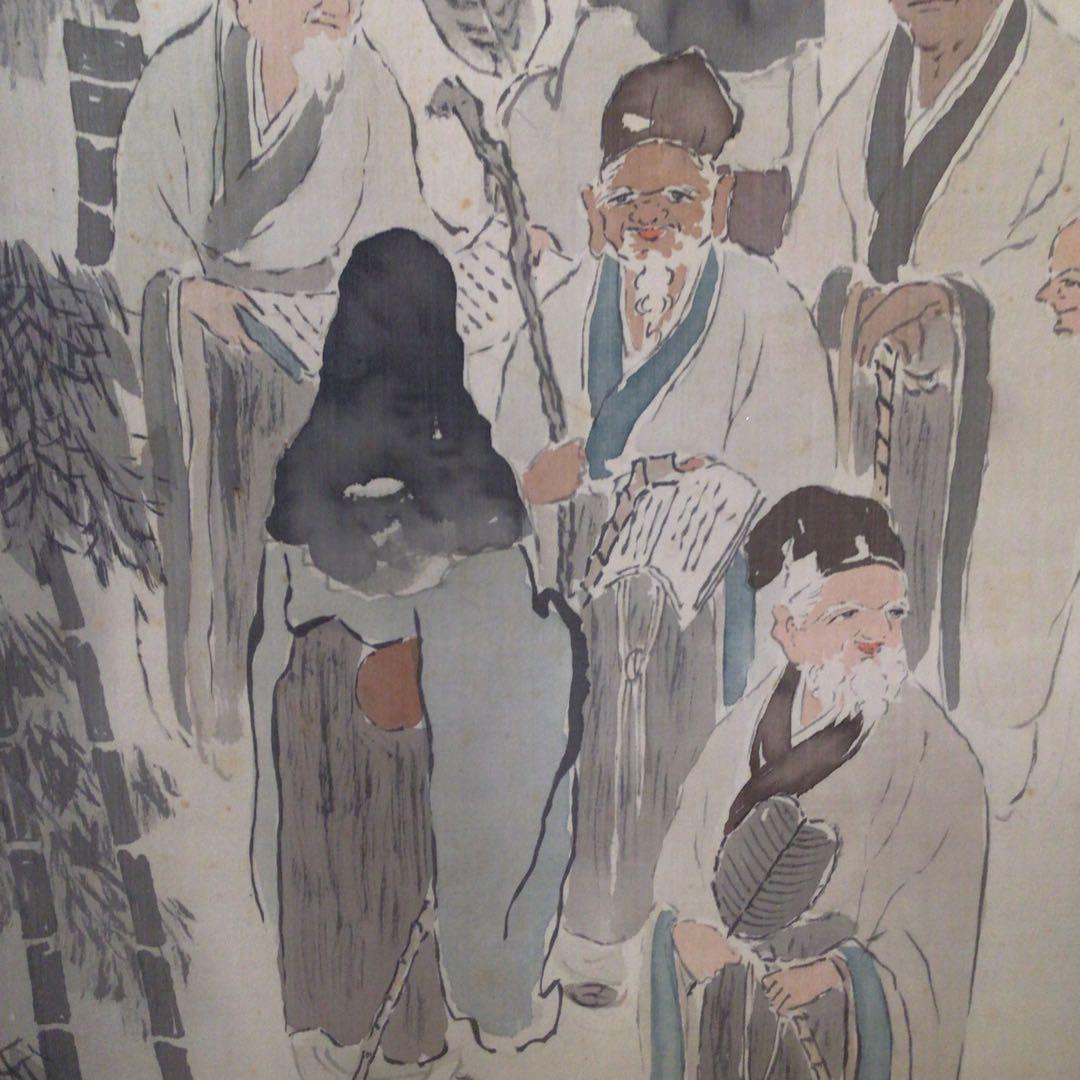No3456掛軸　田代古崖　竹林七賢人図　着色絹本　合箱　日本画　古画　送料無料
