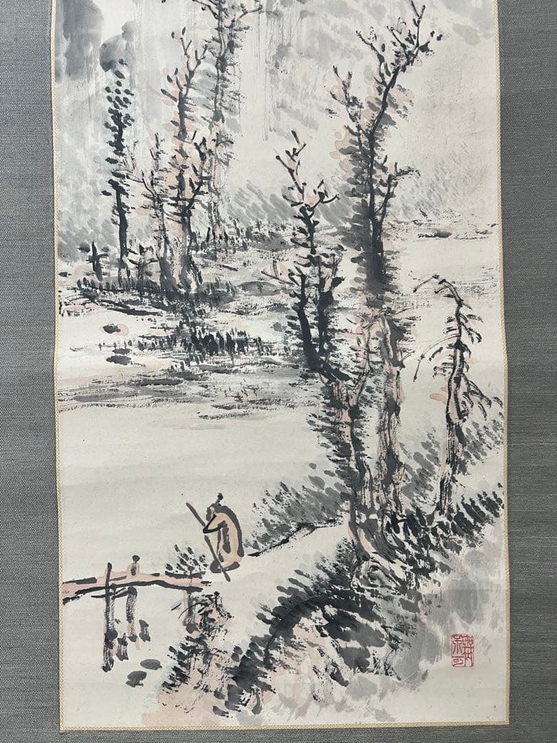 掛け軸　白須心華 ［山水人物図］紙本　木箱　大分県生れ！