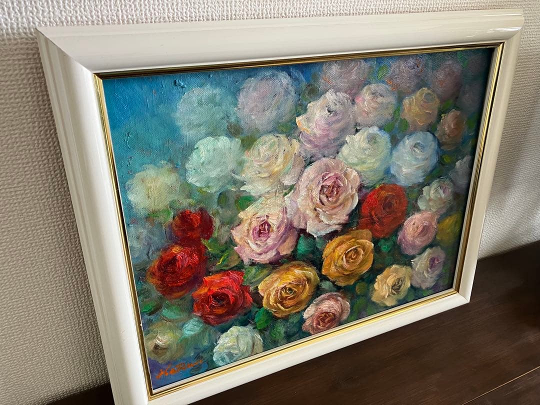 HaRu 薔薇 ばら バラ 花 1点物 真作 原画 絵画 油絵 ♪ 額縁 F6