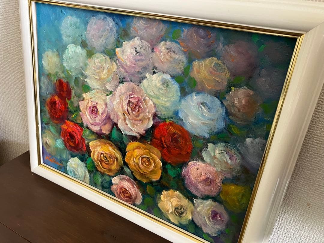 HaRu 薔薇 ばら バラ 花 1点物 真作 原画 絵画 油絵 ♪ 額縁 F6