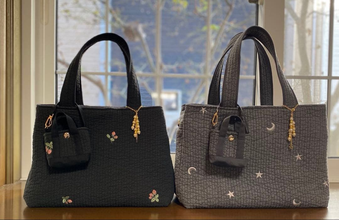大きめ3ルームズヌビバッグ　ダークグレー×ムーンスター　3層構造　ハンドメイド